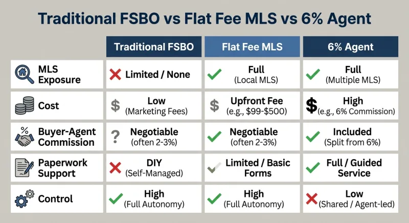 Comparison table of Traditional FSBO, Flat Fee MLS, and 6% agent showing cost and exposure differences in Tennessee