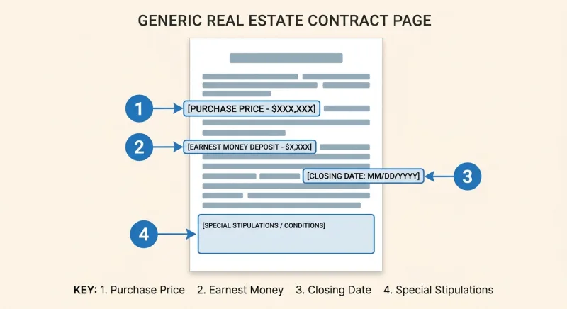 Annotated diagram mapping the key fillable fields of the Tennessee RF 401 purchase and sale agreement