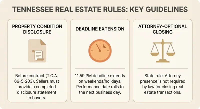 Graphic summarizing three Tennessee-specific legal rules affecting the RF 401 purchase and sale agreement