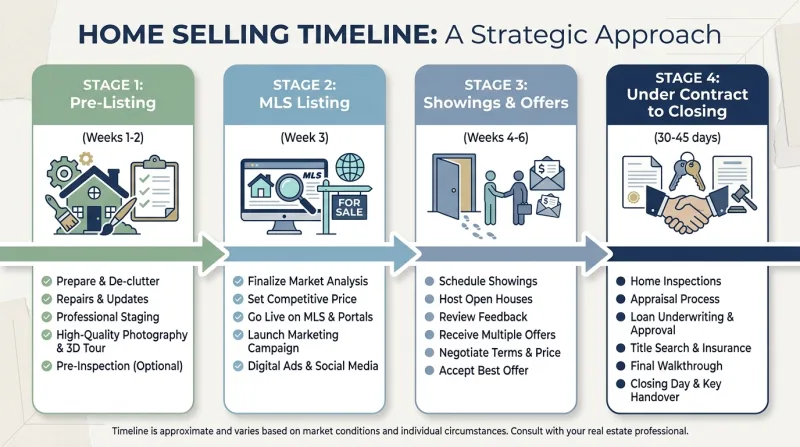 Infographic timeline showing the four stages of selling FSBO in Tennessee from prep to closing