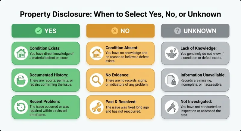 Decision matrix showing when to choose Yes, No, or Unknown on the Tennessee RF201 disclosure form