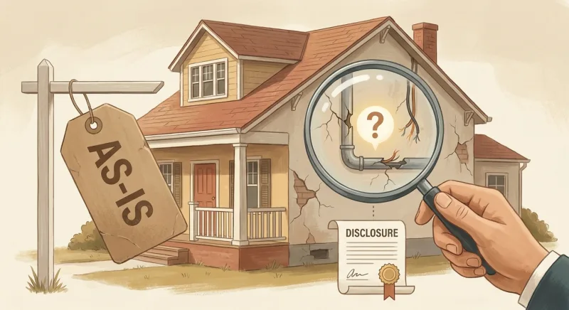 Illustration showing an as-is home sale still requires disclosing hidden defects in Tennessee
