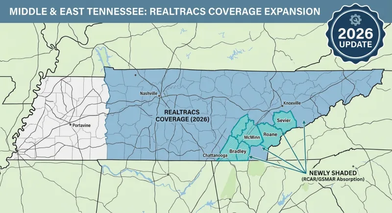 Map showing Realtracs 2026 expansion into East Tennessee counties including Bradley, Sevier, McMinn, and Roane