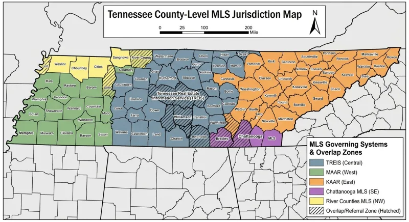 County-level Tennessee MLS coverage map showing which regional MLS governs each county including overlap zones