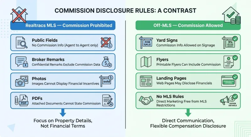 Infographic comparing where buyer commission is prohibited on Realtracs versus allowed off-MLS