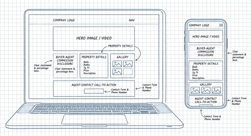 Single-property landing page wireframe showing where to place buyer agent commission disclosure