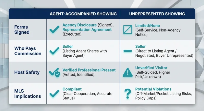 Comparison table of agent-accompanied versus unrepresented FSBO showings in Tennessee across forms, commission, safety, and MLS implications