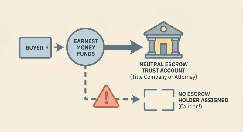 Illustration showing how earnest money is held in a Tennessee escrow trust account versus left unassigned