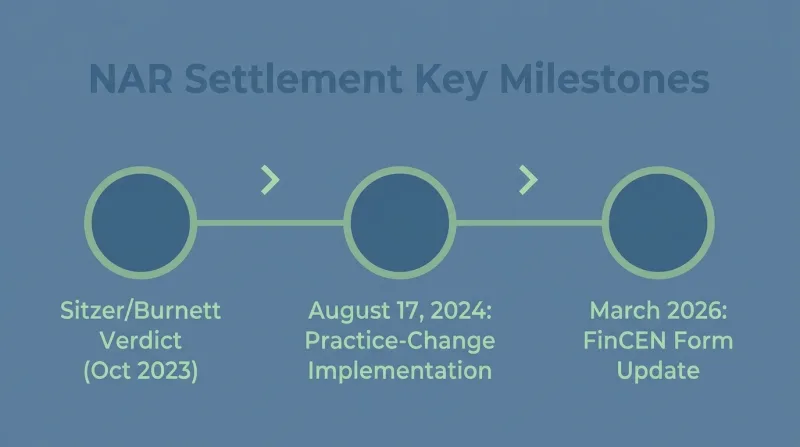 Timeline of NAR settlement milestones affecting Tennessee real estate including August 17 2024