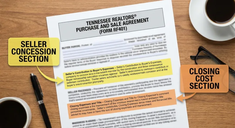 Annotated Tennessee Form RF401 showing where seller concessions and buyer-broker fees are addressed