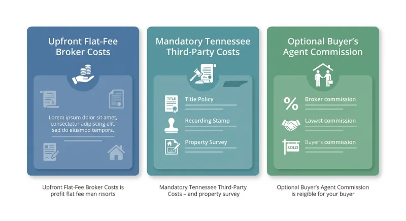 Infographic dividing Tennessee home-selling costs into three buckets: broker fees, mandatory state costs, and buyer's agent commission
