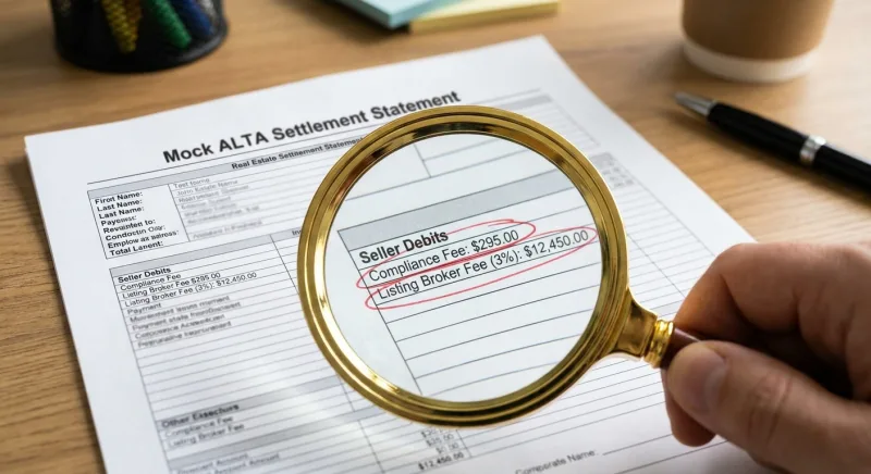 Mock ALTA settlement statement showing broker compliance and percentage fees circled in the seller debit section