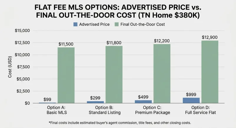 Bar chart comparing advertised flat fee MLS prices versus final closing costs on a $380,000 Tennessee home