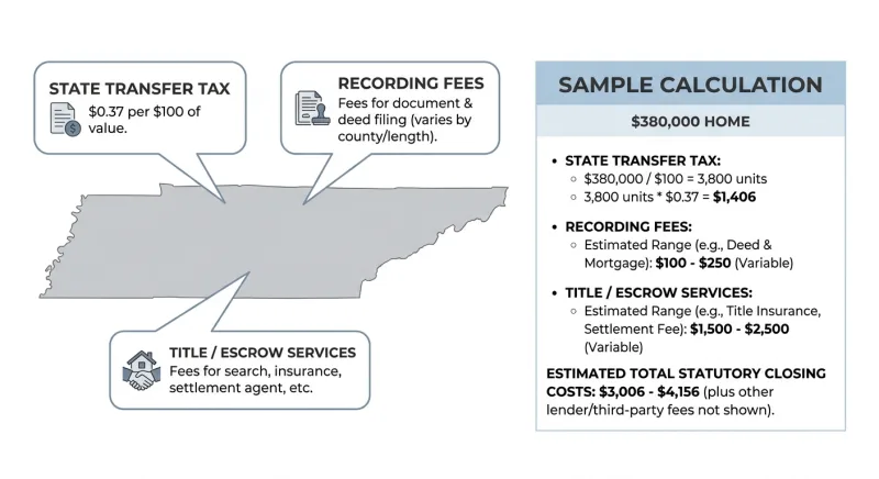 Infographic of mandatory Tennessee closing costs including the $0.37 per $100 state transfer tax on a $380,000 home