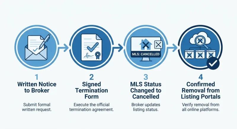 Four-step diagram for cancelling a Realtracs flat fee MLS listing