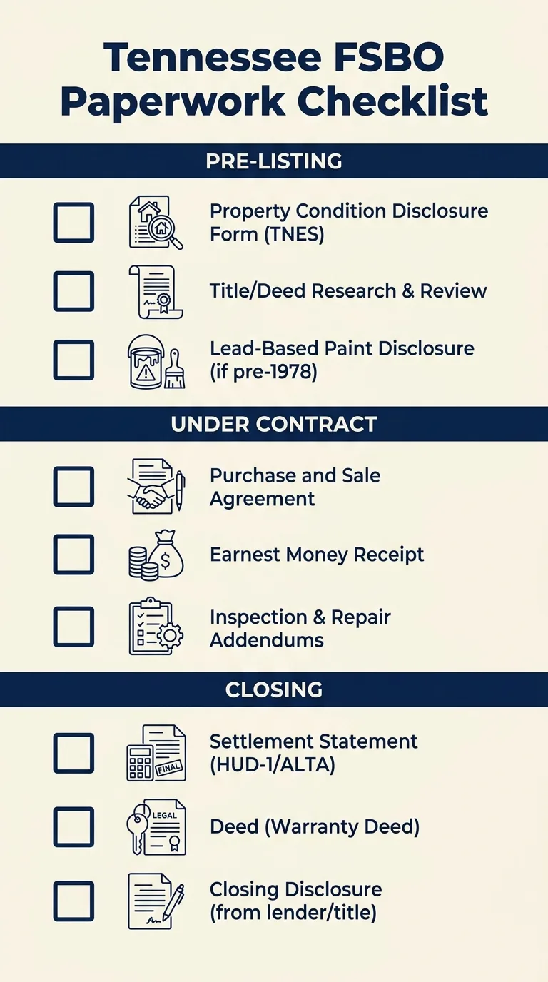 Checklist infographic of Tennessee for-sale-by-owner paperwork grouped by pre-listing, under contract, and closing stages