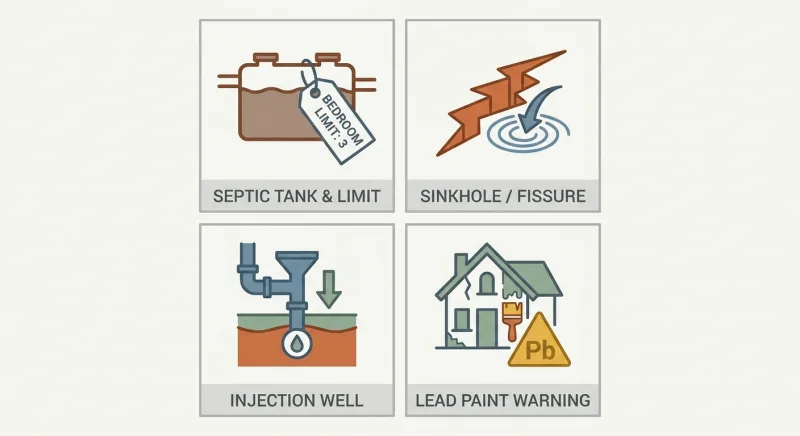 Icons representing Tennessee-specific seller disclosures: septic limits, sinkholes, injection wells, and lead-based paint