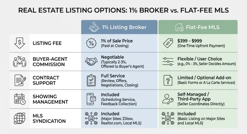 Side-by-side table comparing 1% listing broker and flat-fee MLS fees and included services