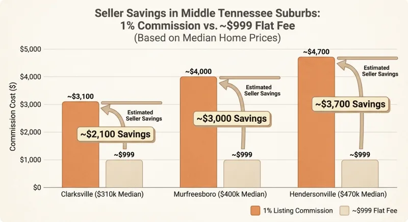 Bar chart of flat-fee MLS savings versus 1% commission in Murfreesboro, Clarksville, and Hendersonville