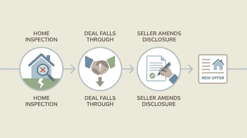 Timeline showing a Tennessee seller updating a disclosure with Form RF202 after an inspection reveals a defect