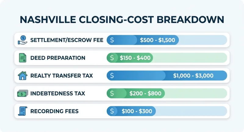 Infographic breaking down 2026 Nashville closing costs including escrow fees, deed prep, transfer tax, and recording fees