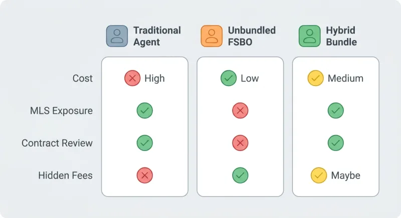 Three-column comparison chart of traditional agent, unbundled FSBO, and hybrid flat-fee MLS bundle across cost and fees