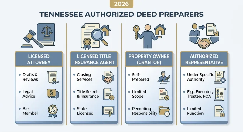 Infographic of the four parties who can legally prepare a deed in Tennessee under 2026 rules