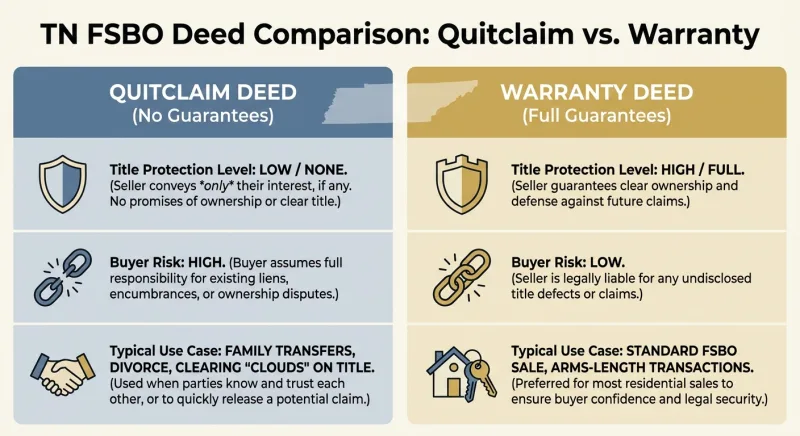 Comparison graphic of quitclaim deed versus warranty deed for Tennessee FSBO sellers