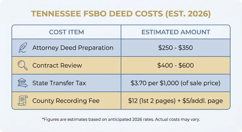 Breakdown of Tennessee FSBO deed preparation costs, recording fees, and transfer tax in 2026