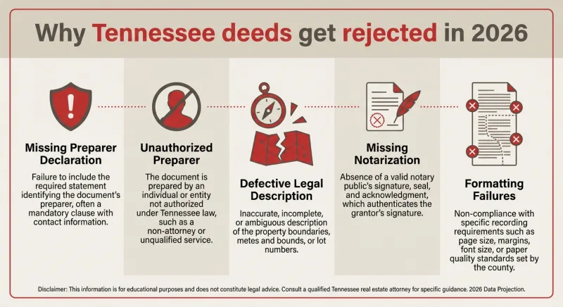 Checklist infographic of common reasons Tennessee Register of Deeds rejects FSBO deeds in 2026