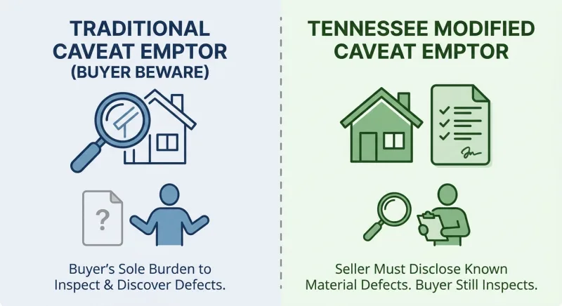 Diagram contrasting traditional caveat emptor buyer beware with Tennessee modified caveat emptor disclosure duties