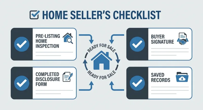 Checklist illustration of a Tennessee FSBO seller defense strategy including pre-listing inspection and RF201 disclosure