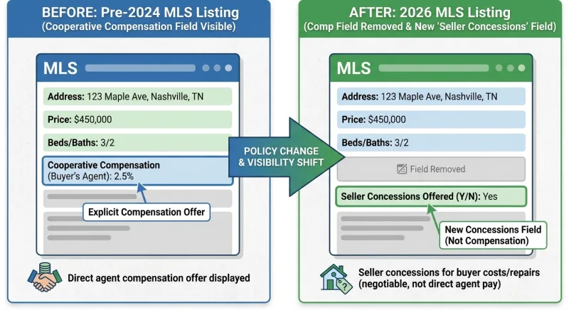 Before and after infographic showing removal of cooperative compensation fields from the Tennessee MLS after the NAR settlement