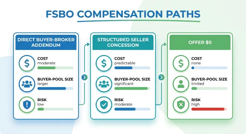 Comparison chart of three ways a Tennessee FSBO seller can handle buyer-agent compensation in 2026