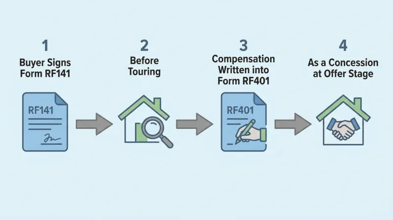 Flowchart showing how a Tennessee FSBO negotiates buyer-agent compensation off-MLS using Forms RF141 and RF401