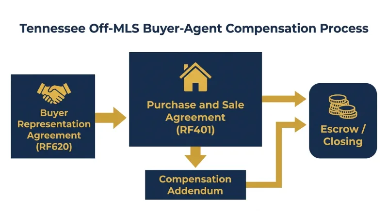 Diagram of Tennessee off-MLS buyer-agent compensation flow using Forms RF620 and RF401