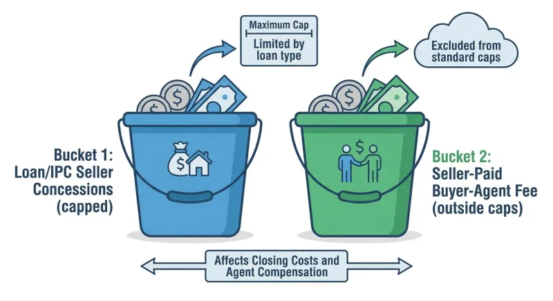 Double bucket rule infographic separating IPC concession caps from seller-paid buyer-agent fees