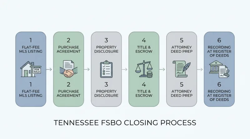 Step-by-step flowchart of the Tennessee FSBO closing process from listing to deed recording