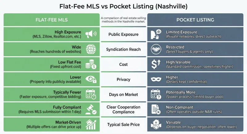 Infographic comparing flat-fee MLS and pocket listings across exposure, cost, and compliance in Nashville