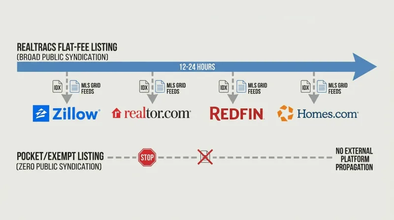 Timeline showing a Realtracs flat-fee listing reaching Zillow and Realtor.com within 12 to 24 hours versus zero syndication for a pocket listing