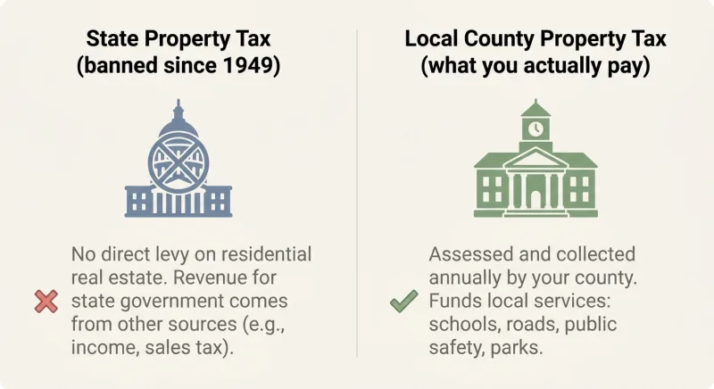 Infographic comparing Tennessee's banned state property tax with the local county property taxes landowners still pay