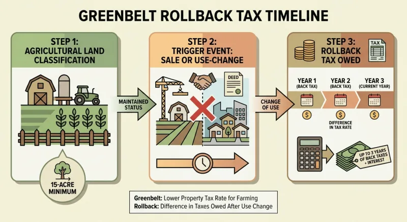 Diagram showing how selling Greenbelt-classified Tennessee land triggers up to three years of rollback taxes
