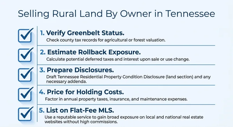 Five-step checklist for selling rural land by owner in Tennessee including Greenbelt and flat-fee MLS steps