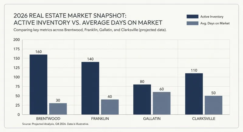 Bar chart of 2026 active inventory and days on market for Brentwood, Franklin, Gallatin, and Clarksville Tennessee