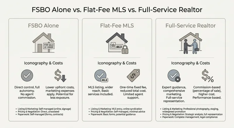 Comparison graphic of FSBO alone versus flat-fee MLS versus full-service Realtor in Tennessee