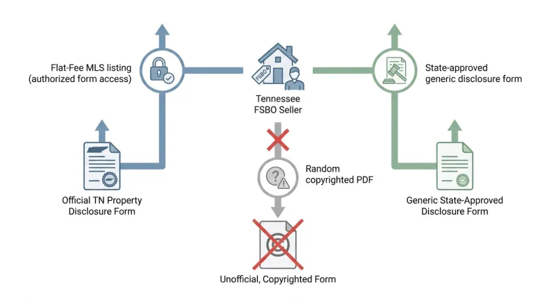 Diagram showing two legal ways a Tennessee FSBO seller can obtain an authorized RF201 disclosure form and one risky option to avoid