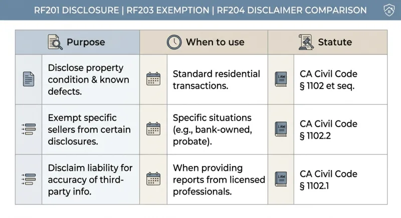 Comparison table of Tennessee RF201 disclosure, RF203 exemption, and RF204 disclaimer forms