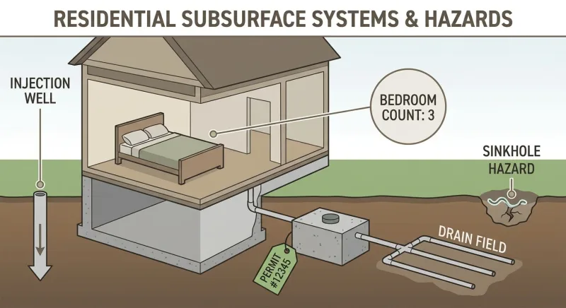 Illustration of a home septic system, bedroom count, sinkhole, and injection well relevant to RF201 page 2 disclosures