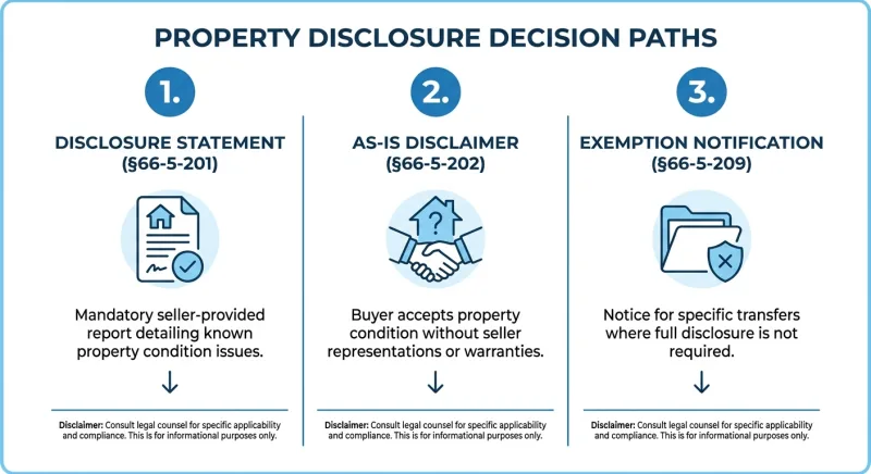 Infographic of the three Tennessee FSBO disclosure paths under sections 66-5-201, 66-5-202, and 66-5-209