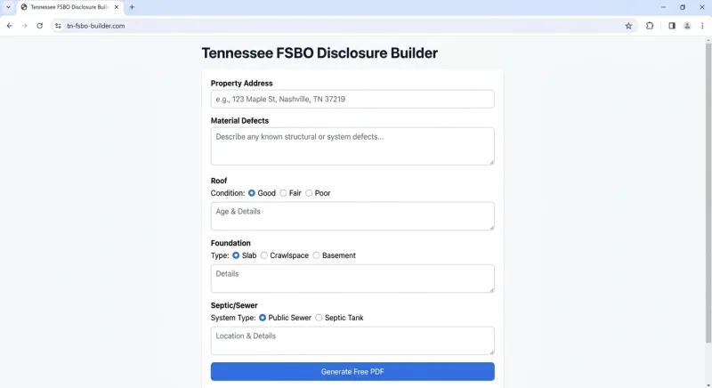 Step-by-step view of the free Tennessee FSBO disclosure builder generating a statutory PDF